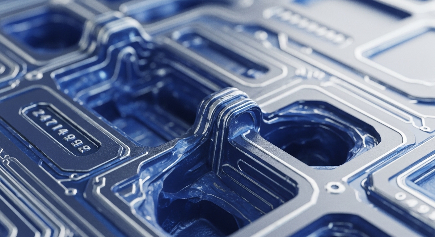 A detailed close-up presents an intricate, metallic surface featuring raised silver pathways and deeply recessed, translucent blue channels. The structured design evokes advanced circuit layouts and specialized components, with a visible numerical sequence "24714992" embedded