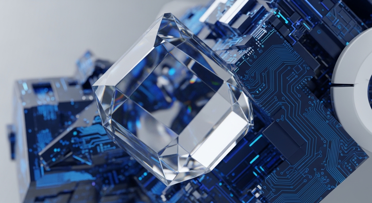 A polished, geometric crystal gleams, suspended above a dense network of blue circuit boards. This visual metaphor encapsulates the essence of cryptocurrency and blockchain technology
