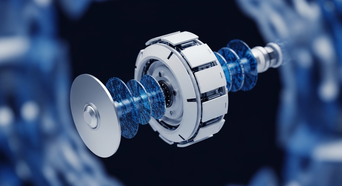 This abstract visualization depicts a sophisticated, multi-layered mechanism featuring a central white segmented cylinder and several translucent blue circular components adorned with complex digital circuitry patterns. The design evokes the intricate architecture of decentralized systems, highlighting concepts relevant to blockchain technology and cryptocurrency infrastructure