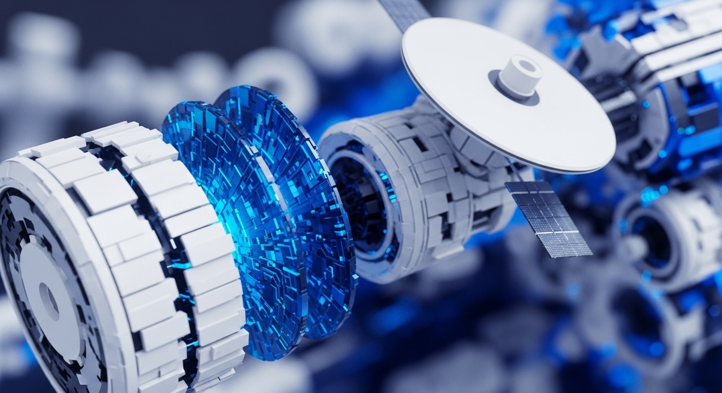 This abstract digital rendering showcases a complex interplay of technological elements, featuring glowing blue circuitry embedded within layered discs and a modular white structure reminiscent of a satellite. The visual metaphor extends to the intricate mechanisms of blockchain technology, illustrating the foundational architecture for decentralized systems