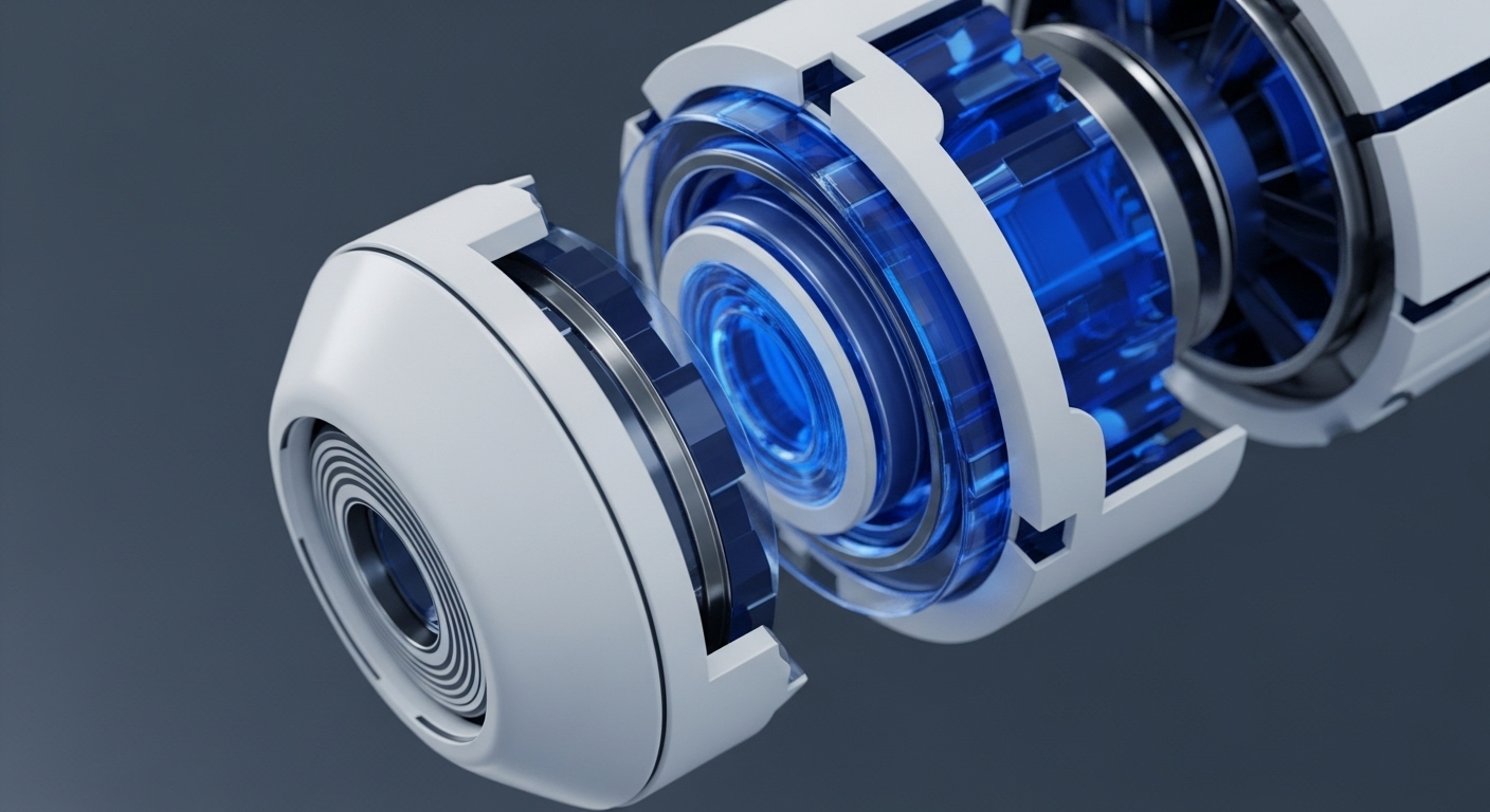 A futuristic, high-tech mechanical component is shown in a disassembled state, revealing a luminous blue inner mechanism surrounded by white segmented casings. This imagery abstractly represents the sophisticated architecture of blockchain technology and its core functionalities