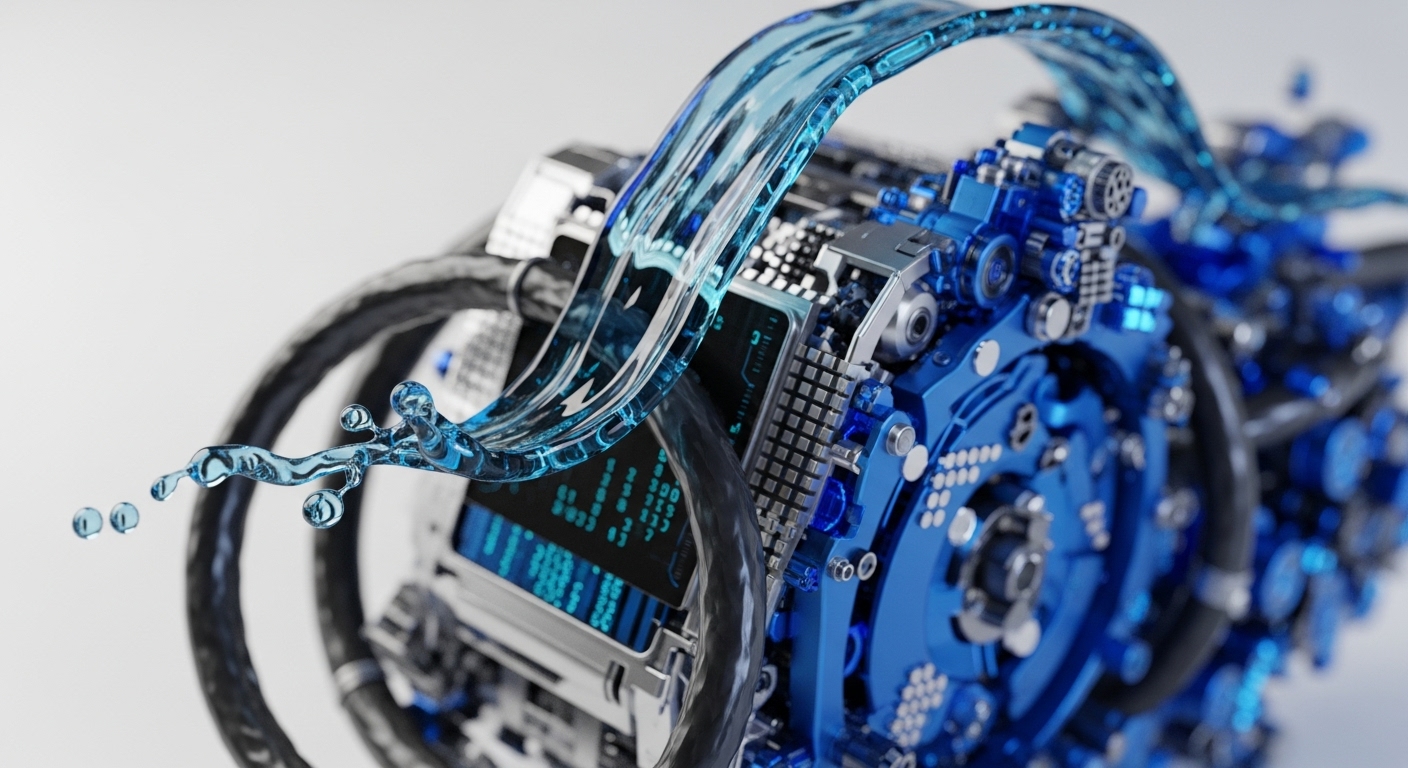 A close-up reveals a sophisticated, multi-component device in vibrant blue and metallic silver, with a clear liquid stream cascading across its surface, creating droplets. This imagery symbolizes the robust and efficient operational flow within advanced decentralized finance ecosystems