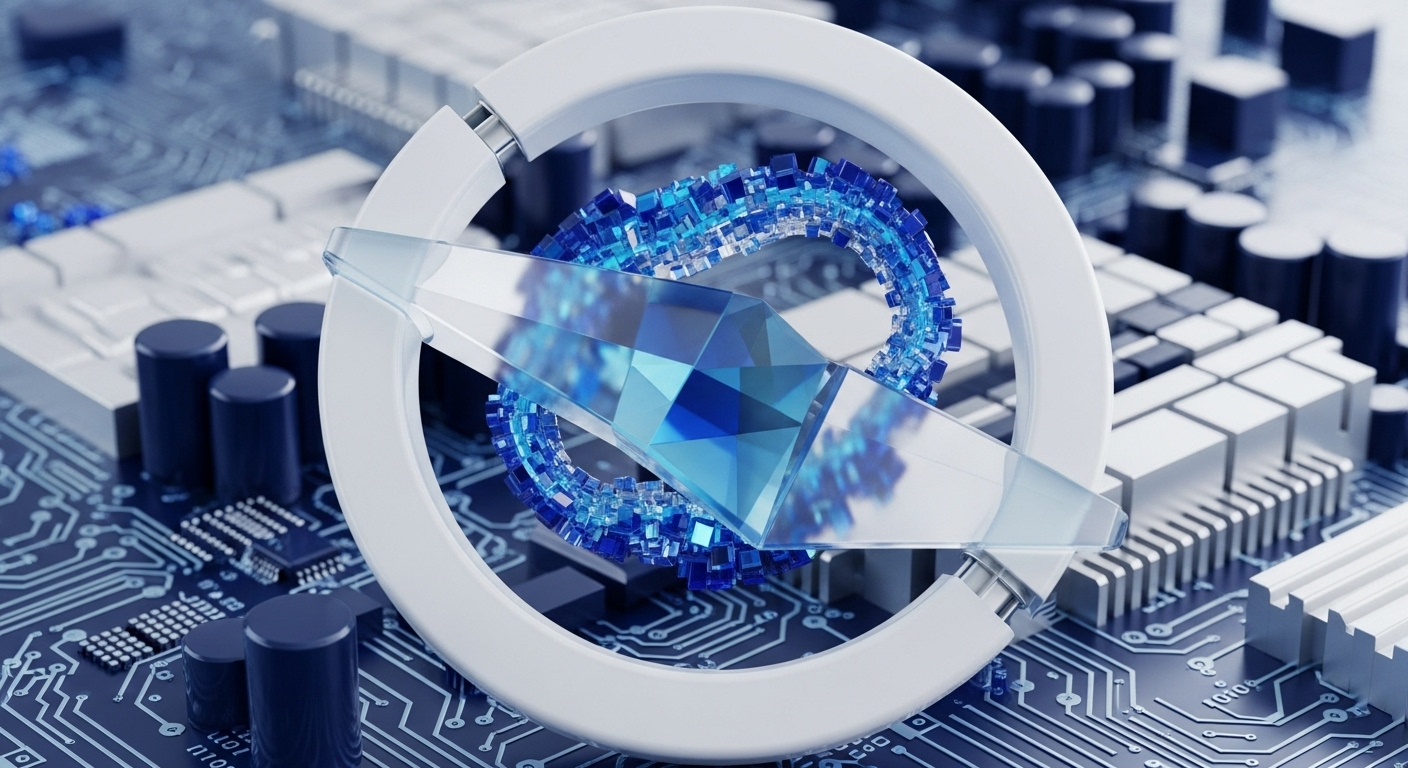 A futuristic compass with a crystalline blue needle and a vortex of digital cubes hovers over a detailed circuit board. This visual metaphor embodies the strategic navigation of the cryptocurrency market and the underlying blockchain infrastructure