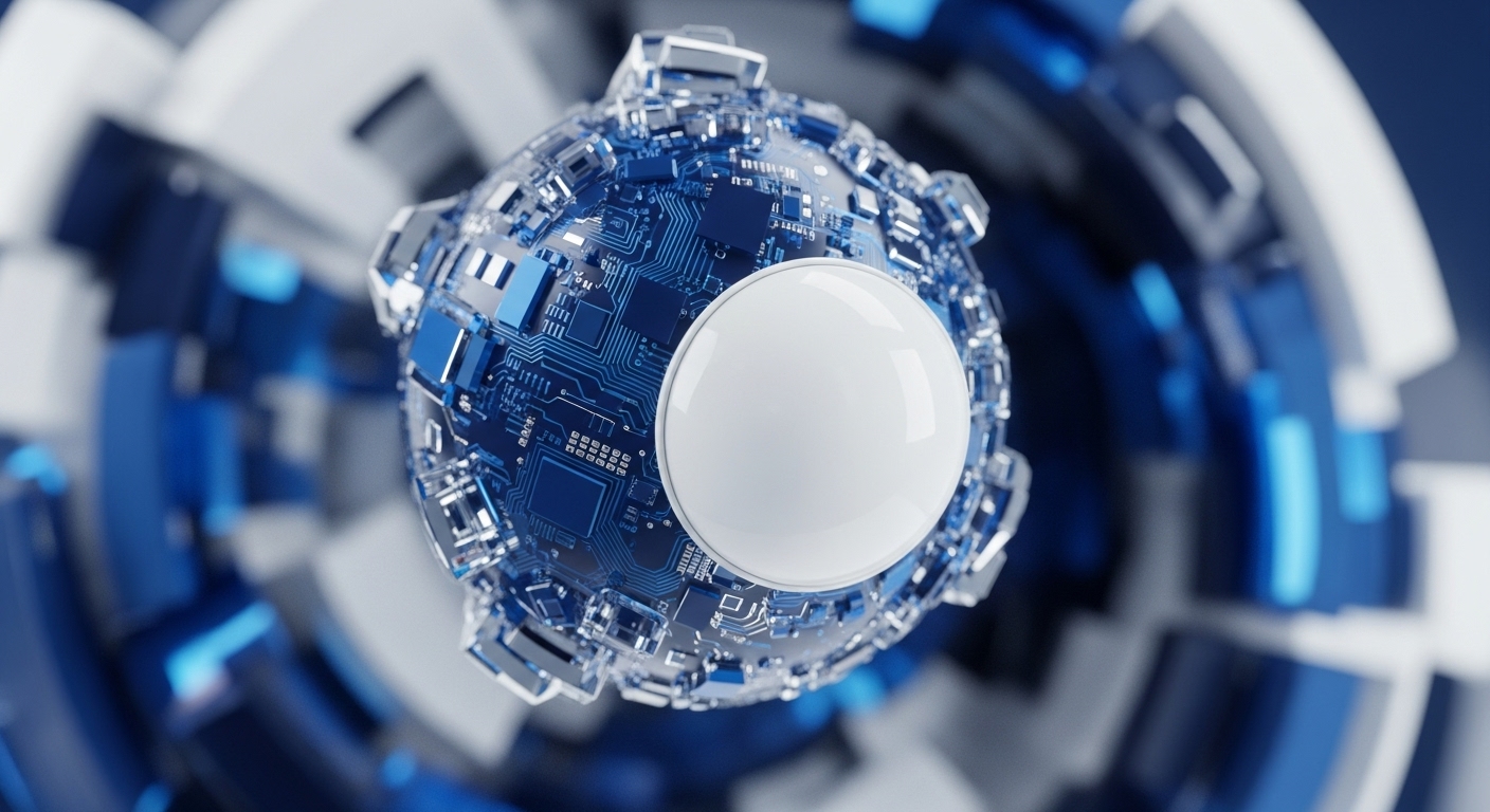 A central, spherical node, encrusted with intricate blue circuit board patterns and metallic components, features a smooth, white, luminous orb at its core. This represents a secure, decentralized nexus within a distributed ledger ecosystem, potentially hinting at quantum-resistant cryptography or advanced consensus mechanisms. The surrounding abstract, concentric structures in shades of blue and white suggest interconnected nodes and data flow within a complex blockchain architecture, emphasizing cryptographic integrity and secure transactional throughput.