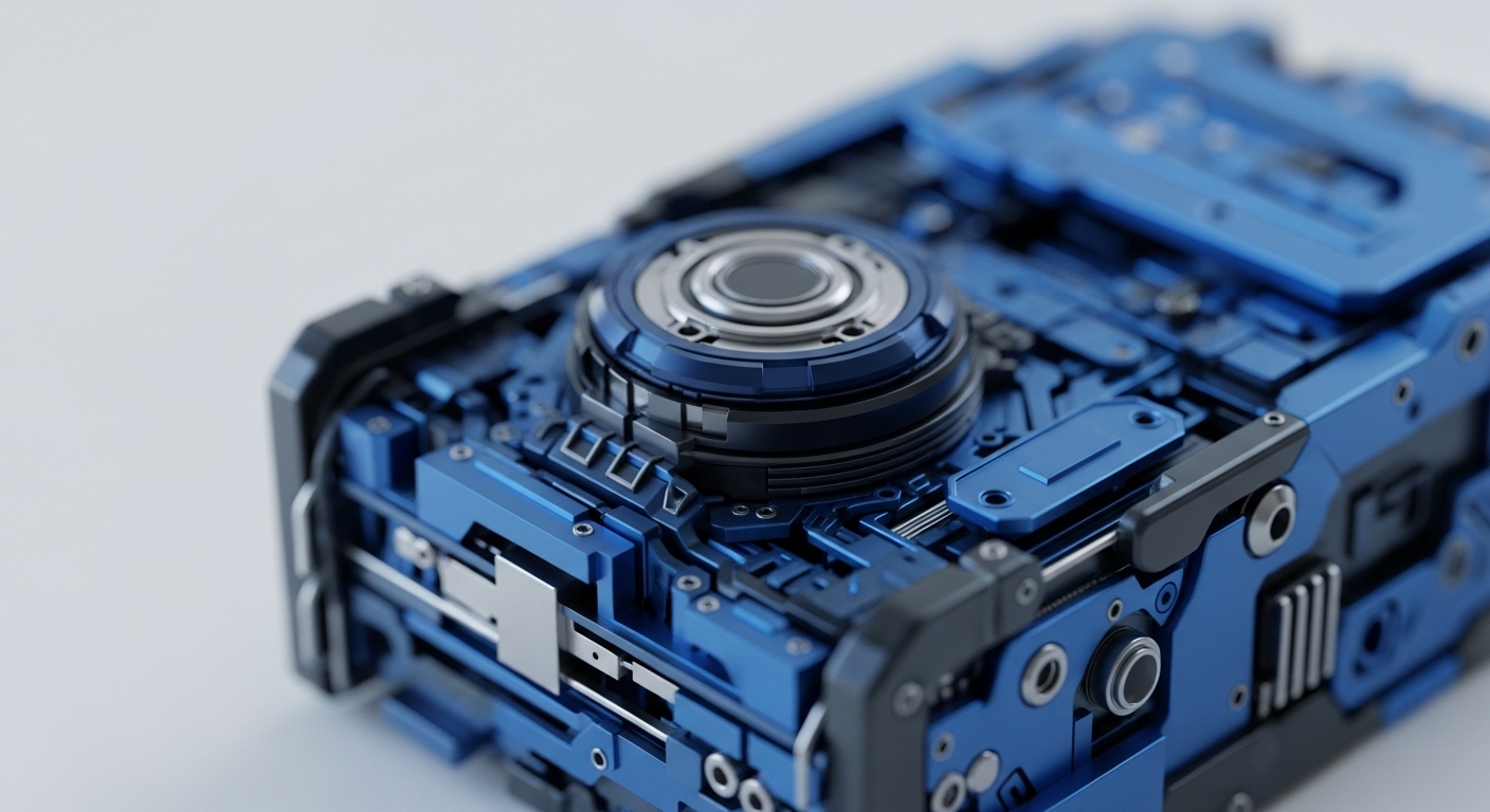 The image showcases a detailed, futuristic blue and silver mechanical device, featuring a complex arrangement of interlocking components and a central circular module. Its intricate design highlights precise engineering with visible screws, vents, and various metallic textures against a clean white background