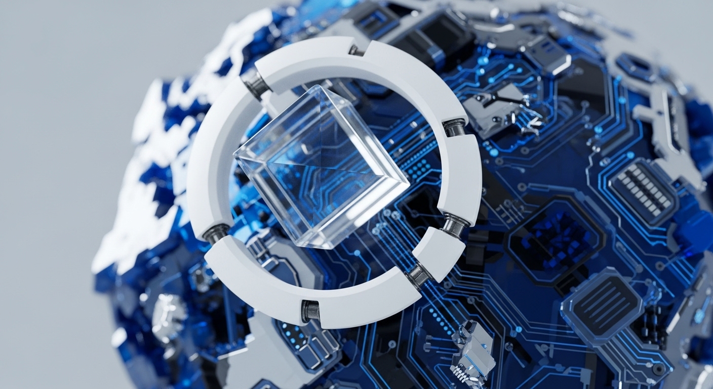 A transparent crystalline cube is centrally positioned within a white, segmented ring, which is itself part of a larger, multifaceted sphere. This sphere is intricately designed with vibrant blue circuit board pathways and metallic gray technological elements, suggesting advanced digital architecture