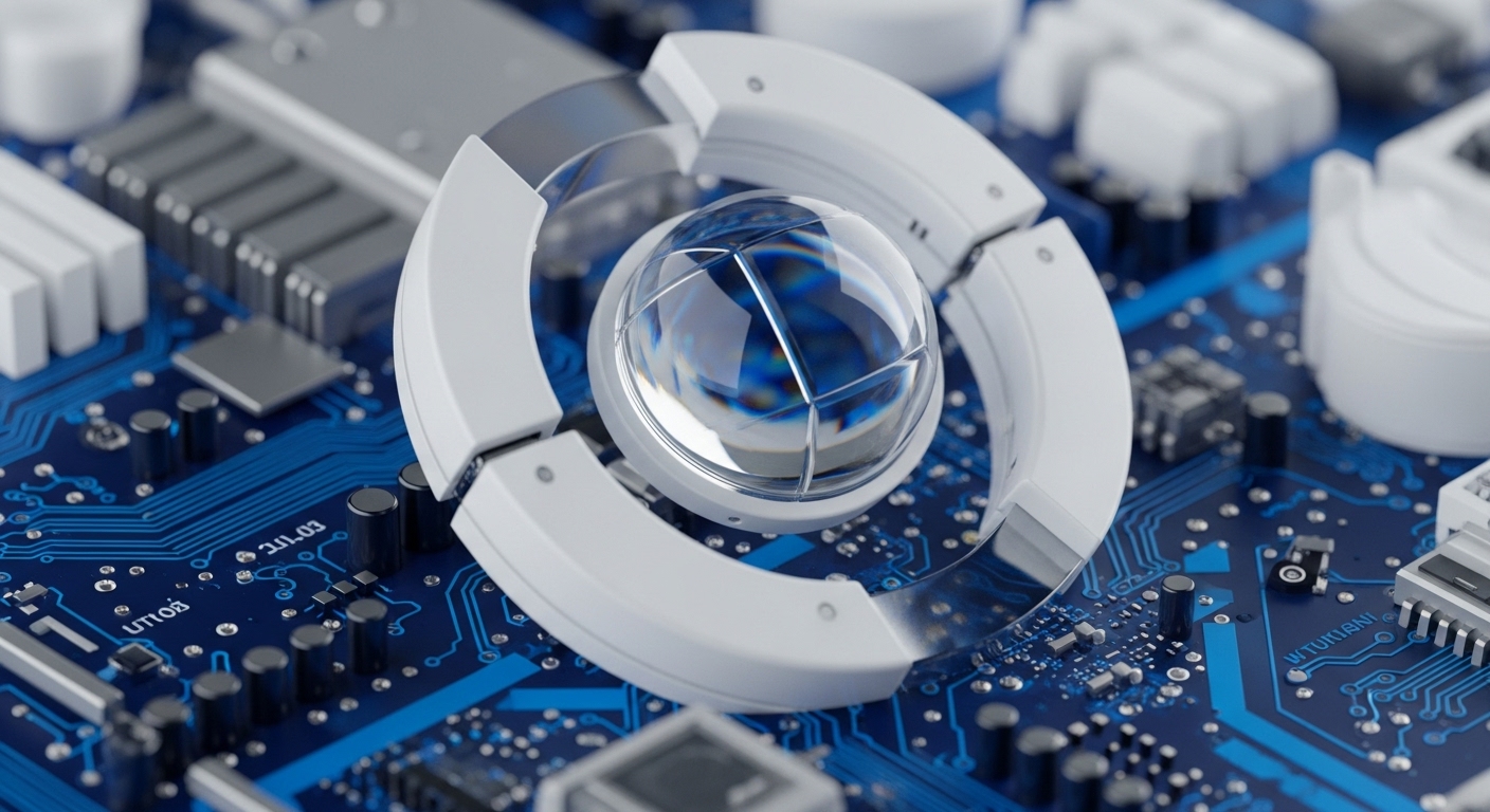 A clear, multi-faceted orb sits prominently on a vibrant blue printed circuit board, reflecting intricate patterns. This composition visually represents the core of decentralized ledger technology, where the orb symbolizes the secure, immutable nature of blockchain data