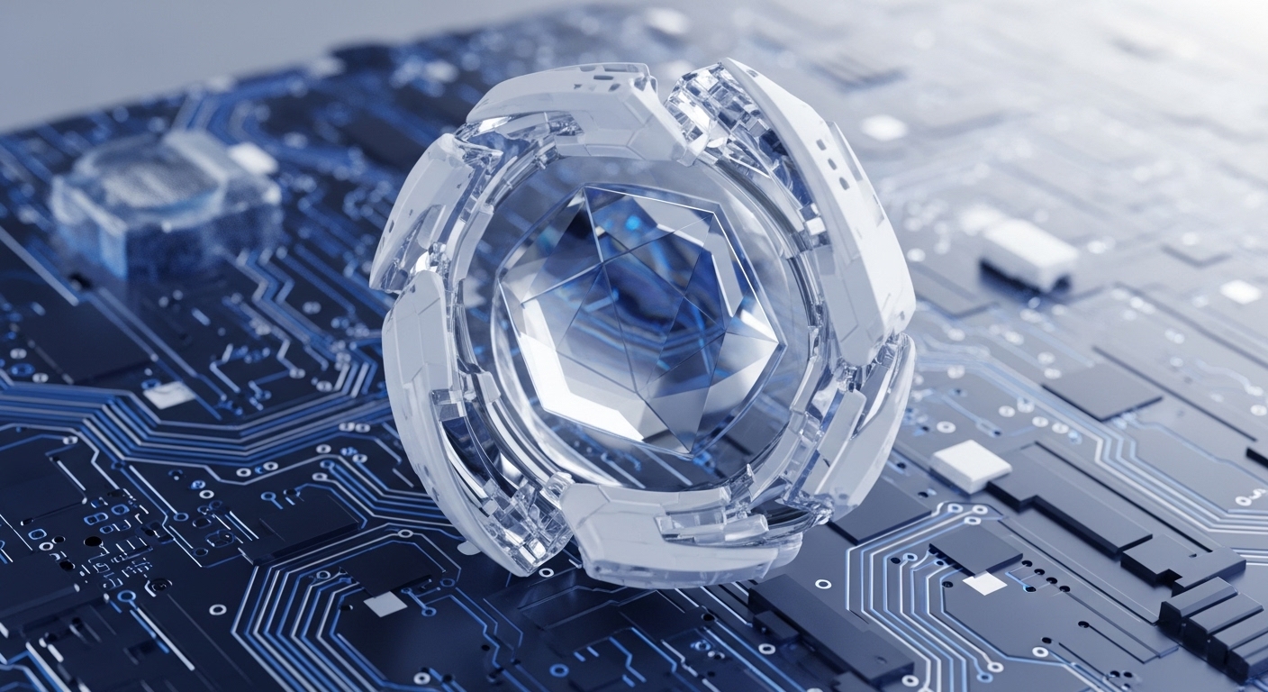 A luminous, geometrically complex orb with crystalline facets sits atop a dark, detailed circuit board, illuminated by cool blue light. The orb's intricate design evokes a central processing unit or a secured digital asset