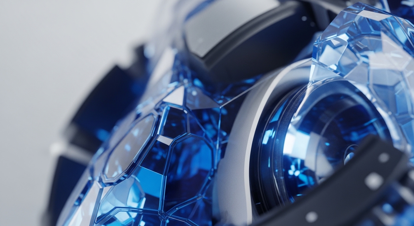 A close-up view reveals an intricate structure composed of luminous blue faceted elements and sleek metallic components. A prominent circular section on the right emits a bright blue glow, indicating an internal energy source or processing unit