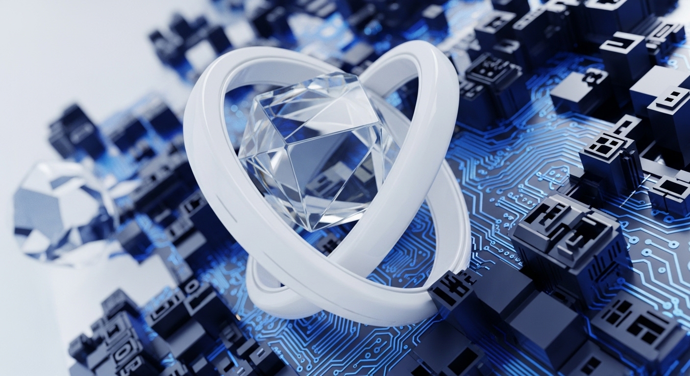 A transparent, geometric diamond is encased by two smooth, white toroidal structures, positioned above a detailed electronic circuit board illuminated with vibrant blue lines. Surrounding this central motif are dark, angular components resembling server racks or nodes, contributing to a futuristic, technological aesthetic