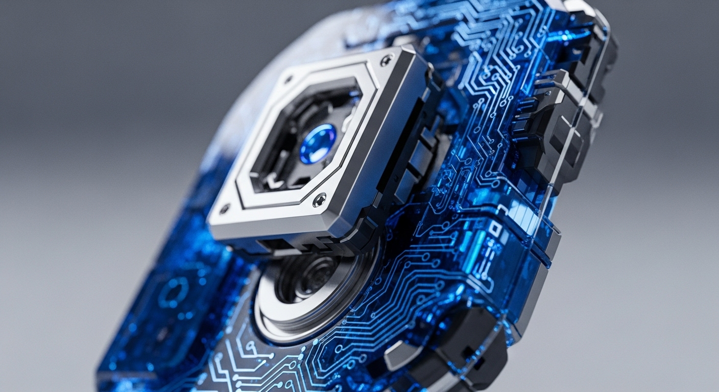 The image showcases a detailed, angled perspective of an advanced technological device, featuring prominent glowing blue circuit patterns embedded within a translucent material. A central, multi-faceted metallic component, secured by visible screws, houses a bright blue light, suggesting a sophisticated optical or sensor mechanism