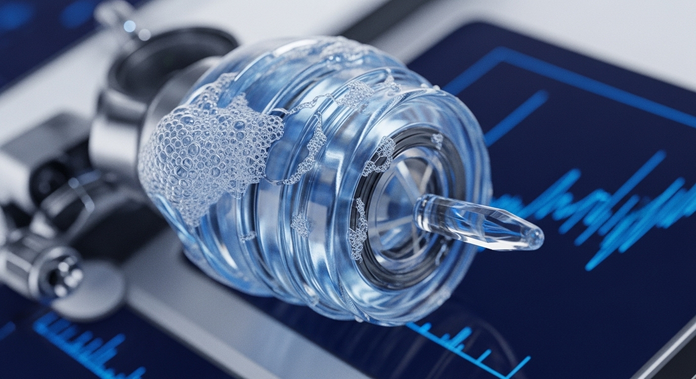 A transparent, segmented cylindrical component, possibly a core element in a blockchain architecture, contains a dynamic blue liquid with effervescent bubbles, symbolizing active transaction validation and liquidity pools. A clear probe extends, suggesting precise data integrity monitoring within a decentralized ledger technology system. The background displays luminous blue on-chain analytics waveforms on a dark interface, illustrating real-time network activity and cryptographic functions.