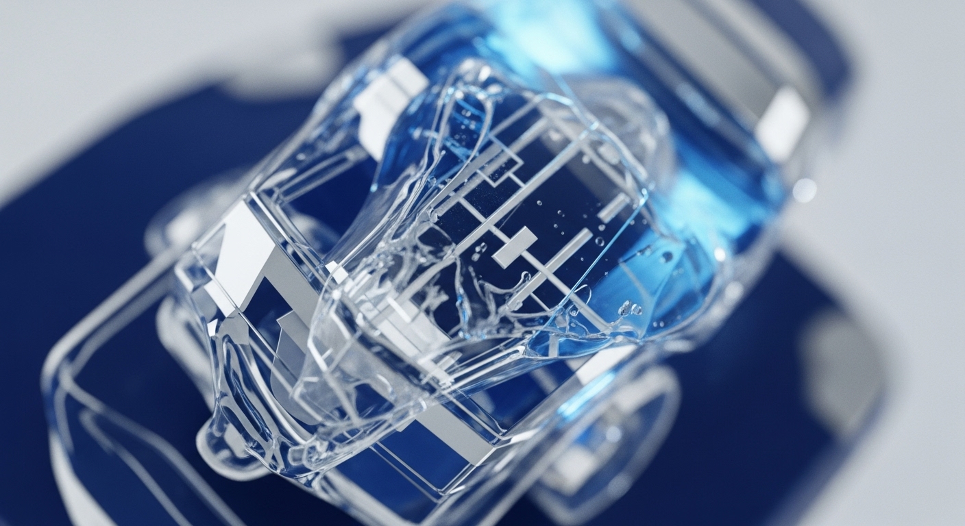 A transparent, abstract car-like form, composed of clear crystalline material and vibrant blue liquid, is depicted against a subtle white and dark blue background. The structure features intricate, glowing internal patterns resembling circuit boards, partially submerged and distorted by the blue fluid