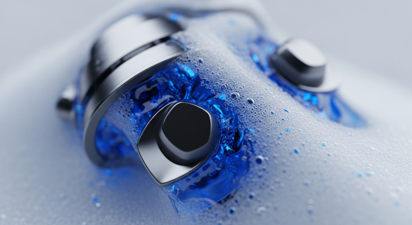 A close-up shot captures sleek silver and dark grey metallic components partially submerged in a vivid blue, bubbling liquid. The liquid's surface is covered with a dense layer of white foam and numerous small bubbles, suggesting active agitation around the precise, angular structures