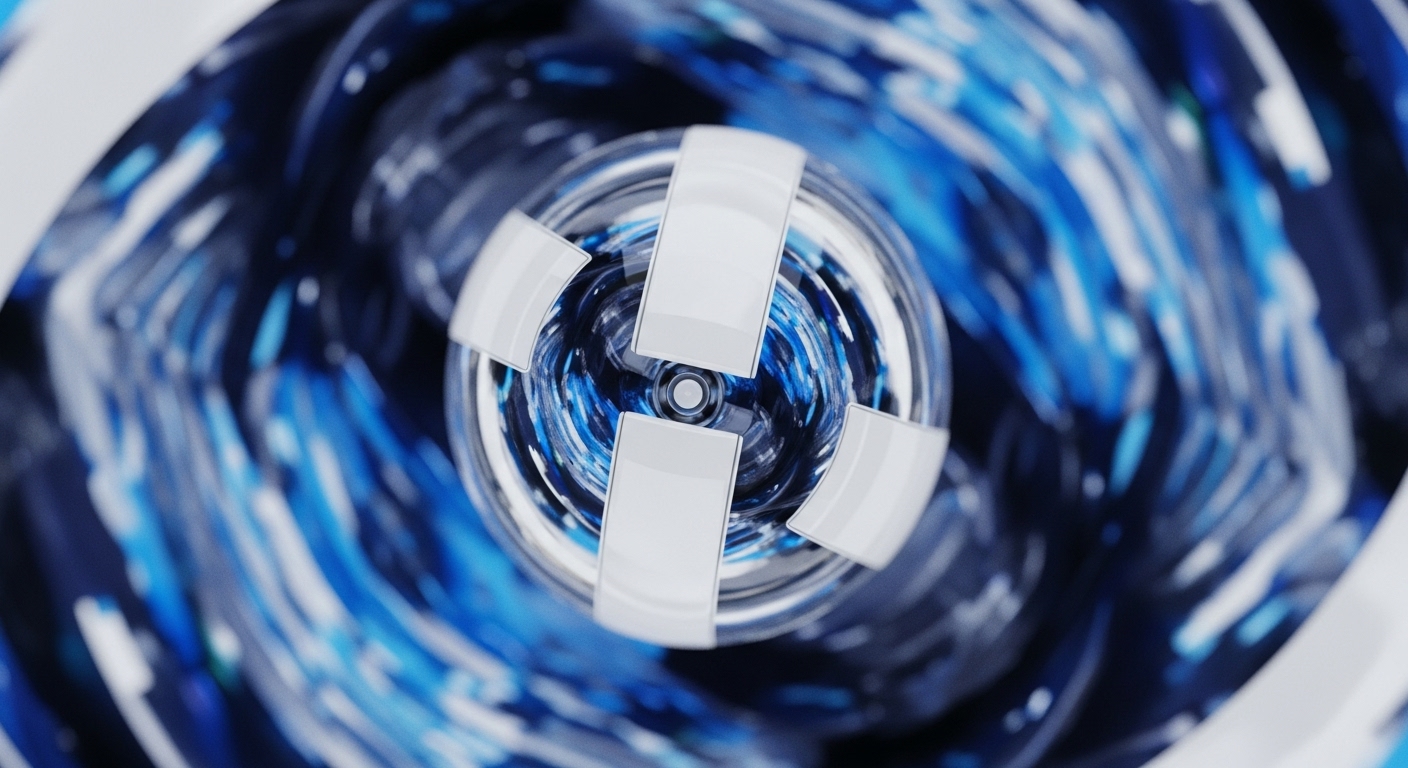 The image presents a dynamic visual of a central vortex composed of swirling blue and white digital patterns, drawing the eye towards a core hub. This hub is defined by four prominent, sleek white rectangular components radiating from a central axis, suggesting a functional mechanism within a digital ecosystem