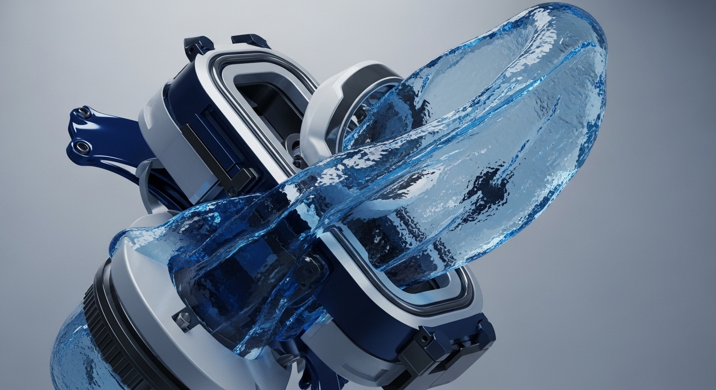 A sophisticated, high-tech mechanical structure in white and deep blue precisely channels a vibrant, translucent blue liquid. The fluid moves dynamically through the engineered components, highlighting a continuous process