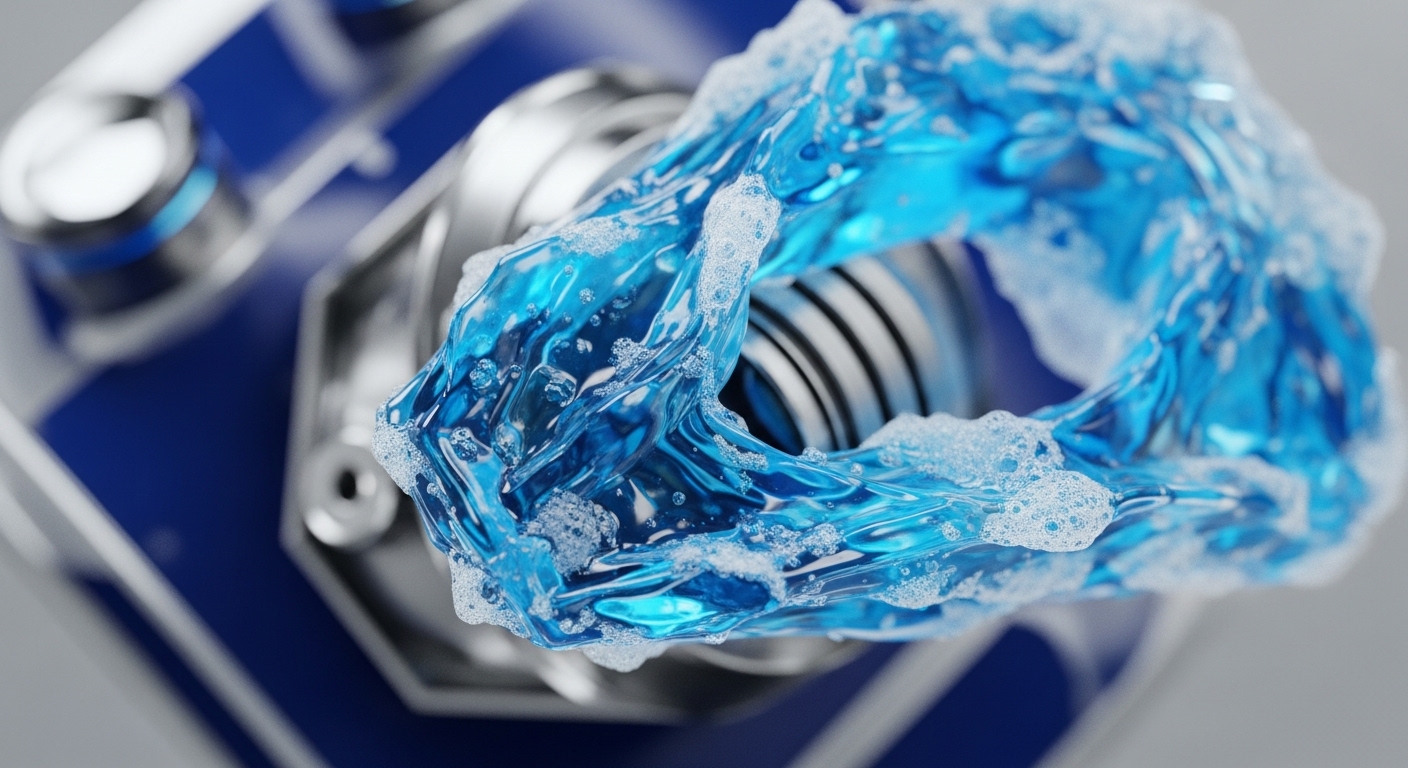 A translucent, effervescent blue liquid forms a dynamic, swirling structure, appearing to encapsulate or interact with a metallic component. The vivid blue liquid, adorned with white foam, represents the intricate flow of digital assets and data streams within a decentralized finance DeFi ecosystem