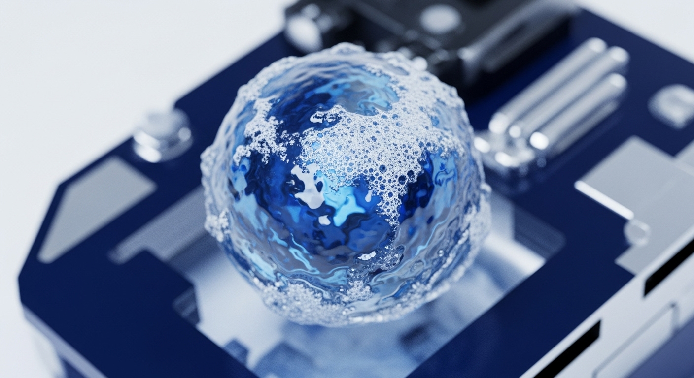 A luminous blue sphere, appearing as a liquid mass with frothy white bubbles, is centered on a dark blue, engineered platform. The platform features various metallic components and structured elements, creating a sense of advanced technology