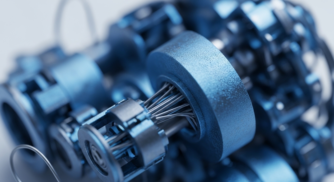 Close-up metallic structures in shades of blue showcase a complex assembly of gears and bundled wires. This detailed mechanical imagery symbolizes the intricate engineering behind decentralized technologies