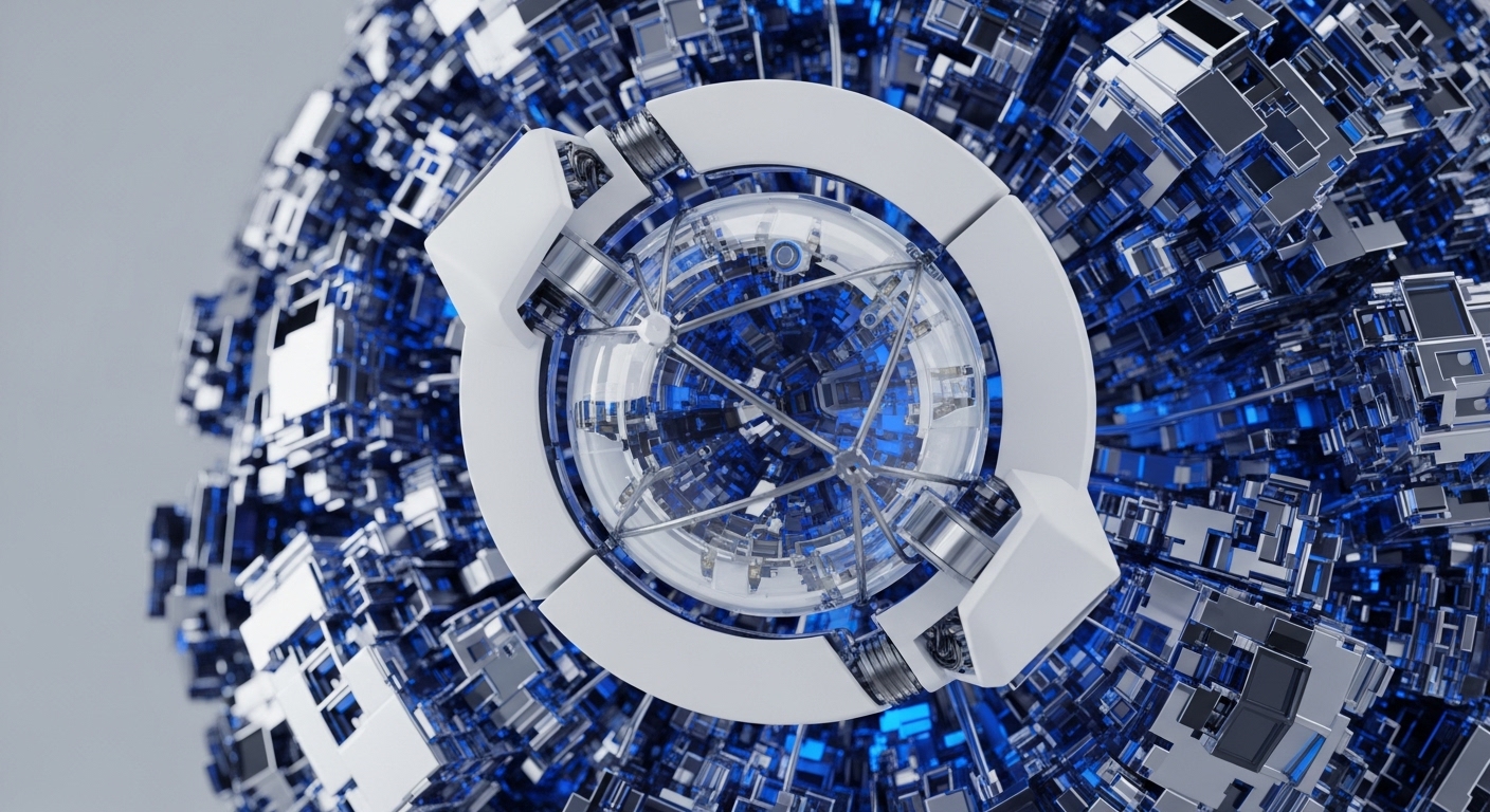 The central element is a geodesic sphere with a transparent outer layer, revealing a complex network of metallic struts and glowing blue components, indicative of a distributed ledger's internal workings. Surrounding this core is an expansive, textured surface made of numerous small, interlocking metallic and blue blocks, representing the vastness of a blockchain network and its cryptographic security