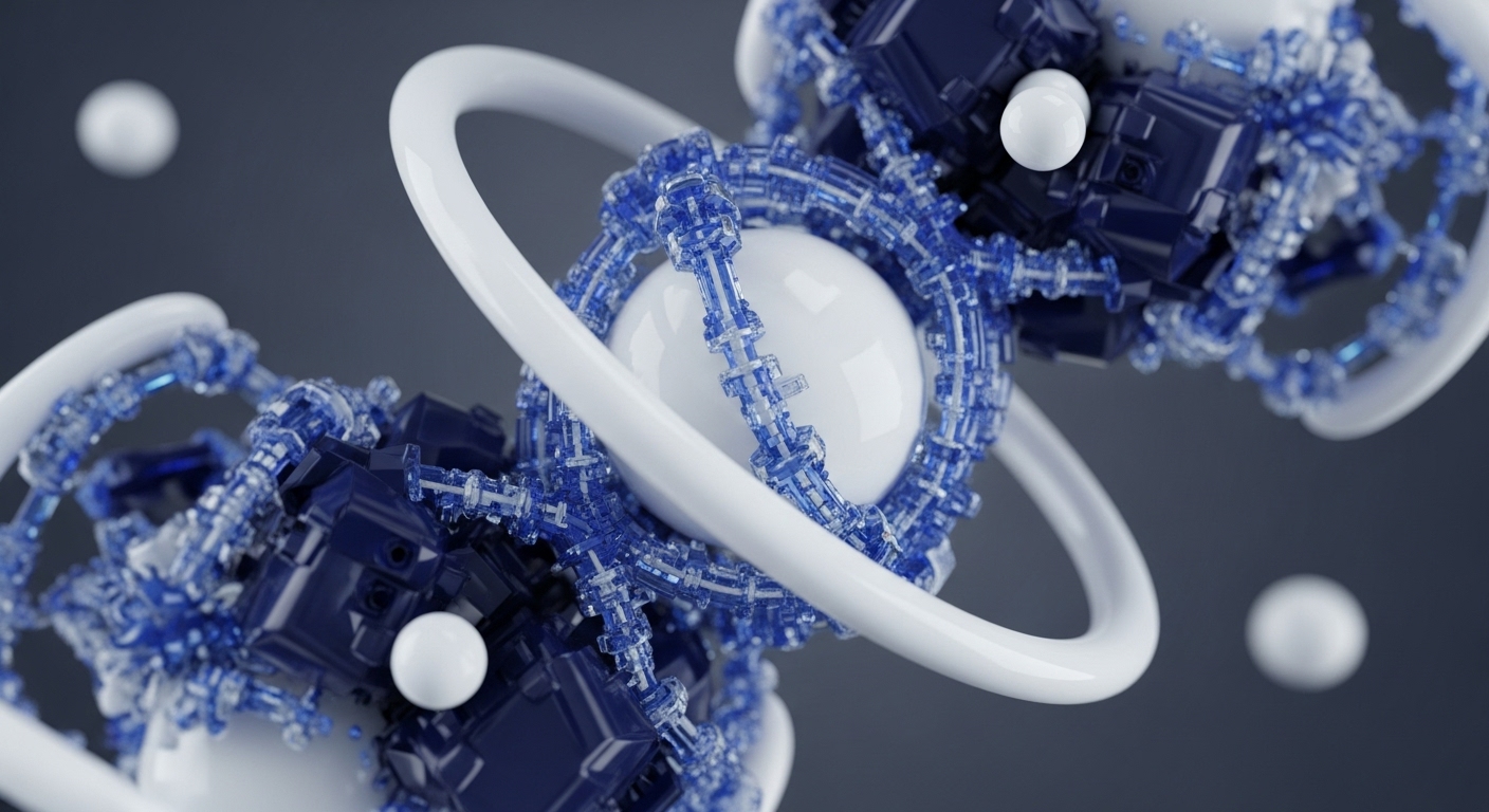 Intricate blue crystalline formations and white spheres are arranged in a complex, interconnected structure with smooth white rings. This abstract visualization embodies the fundamental mechanisms of blockchain technology and cryptocurrency networks