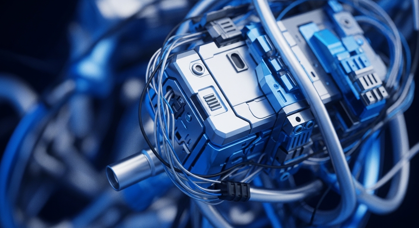 Intricate metallic conduits and advanced circuitry, bathed in electric blue and silver, illustrate the sophisticated architecture of decentralized systems. This imagery captures the essence of blockchain technology, the distributed ledger, and the secure cryptographic protocols underpinning cryptocurrency
