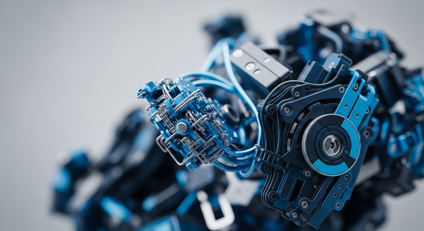 A close-up perspective captures the intricate details of a sophisticated mechanical arm, rendered in metallic blue and dark grey tones, against a soft, light grey background. The foreground emphasizes a dense array of interconnected pipes, wires, and structural components, showcasing precision engineering