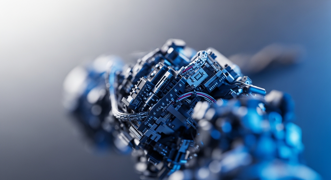A close-up view reveals a highly detailed, three-dimensional rendering of interconnected electronic components and metallic structures in metallic blues and grays. This abstract representation visualizes the intricate framework of a decentralized network, akin to the foundational architecture of blockchain technology