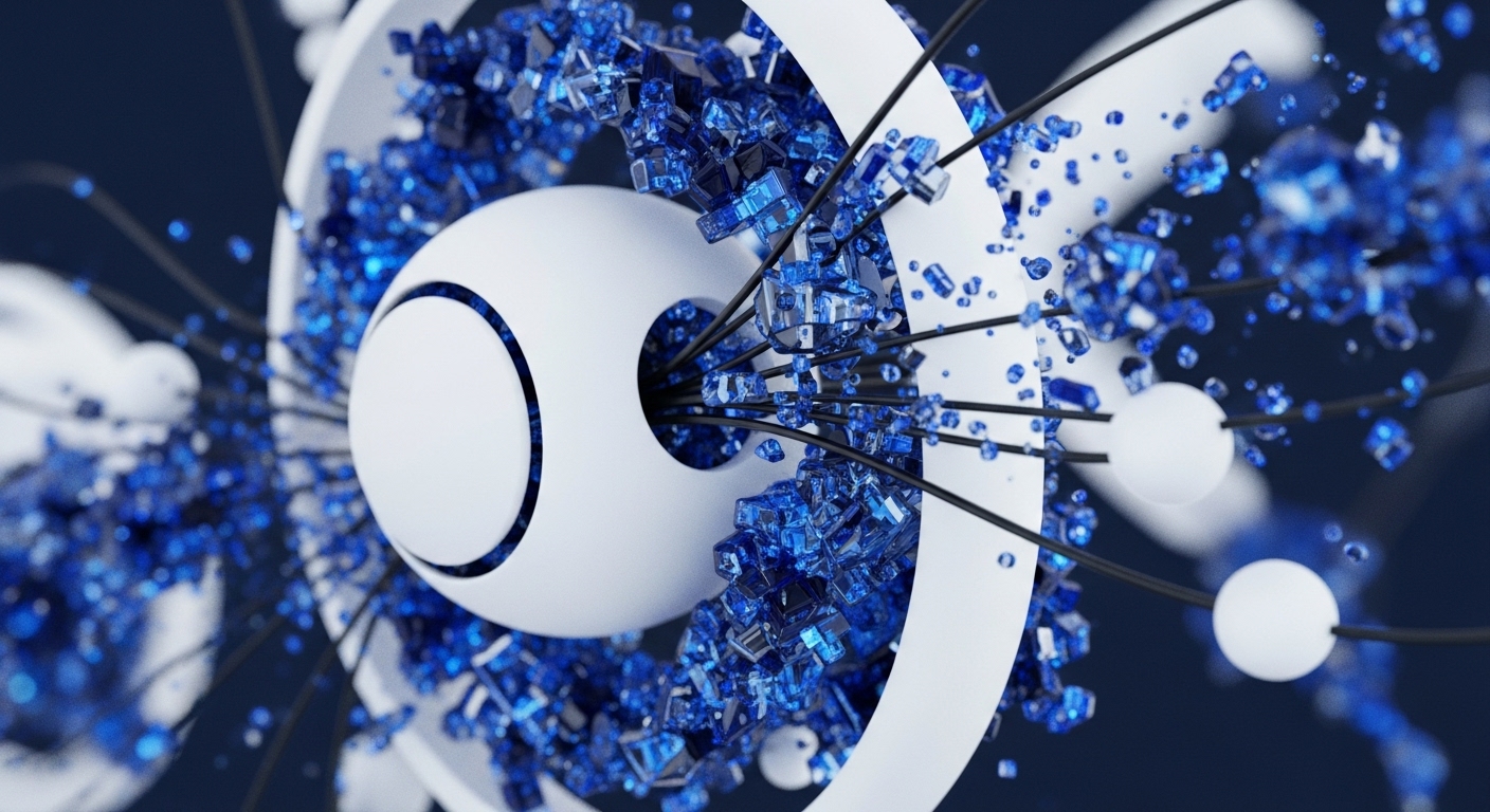 The image presents a striking visual of a central white spherical element with an internal dark aperture, surrounded by flowing blue crystalline structures. Thin black strands emanate, connecting to additional white spheres, all set against a deep blue background