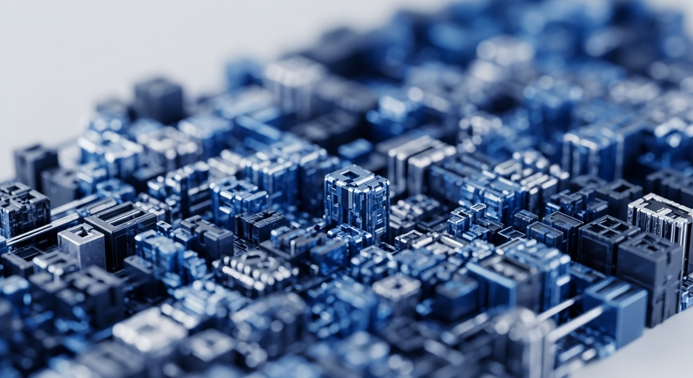 A close-up perspective displays a densely packed array of metallic blue and silver geometric blocks, forming a landscape of interconnected structures. This visual abstraction mirrors the intricate design of blockchain networks and the underlying infrastructure of cryptocurrencies