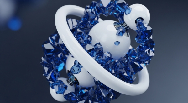 A complex three-dimensional abstract structure features multiple smooth white spheres interconnected by metallic elements, surrounded by numerous faceted, translucent blue crystals. A prominent, thick white toroidal element encircles portions of this intricate arrangement. The white spheres represent validator nodes or secure enclaves, while the blue crystals symbolize encrypted data packets or digital assets flowing through a decentralized network. The white ring suggests a protocol layer or a governance framework, illustrating the robust and interconnected nature of distributed ledger technology.