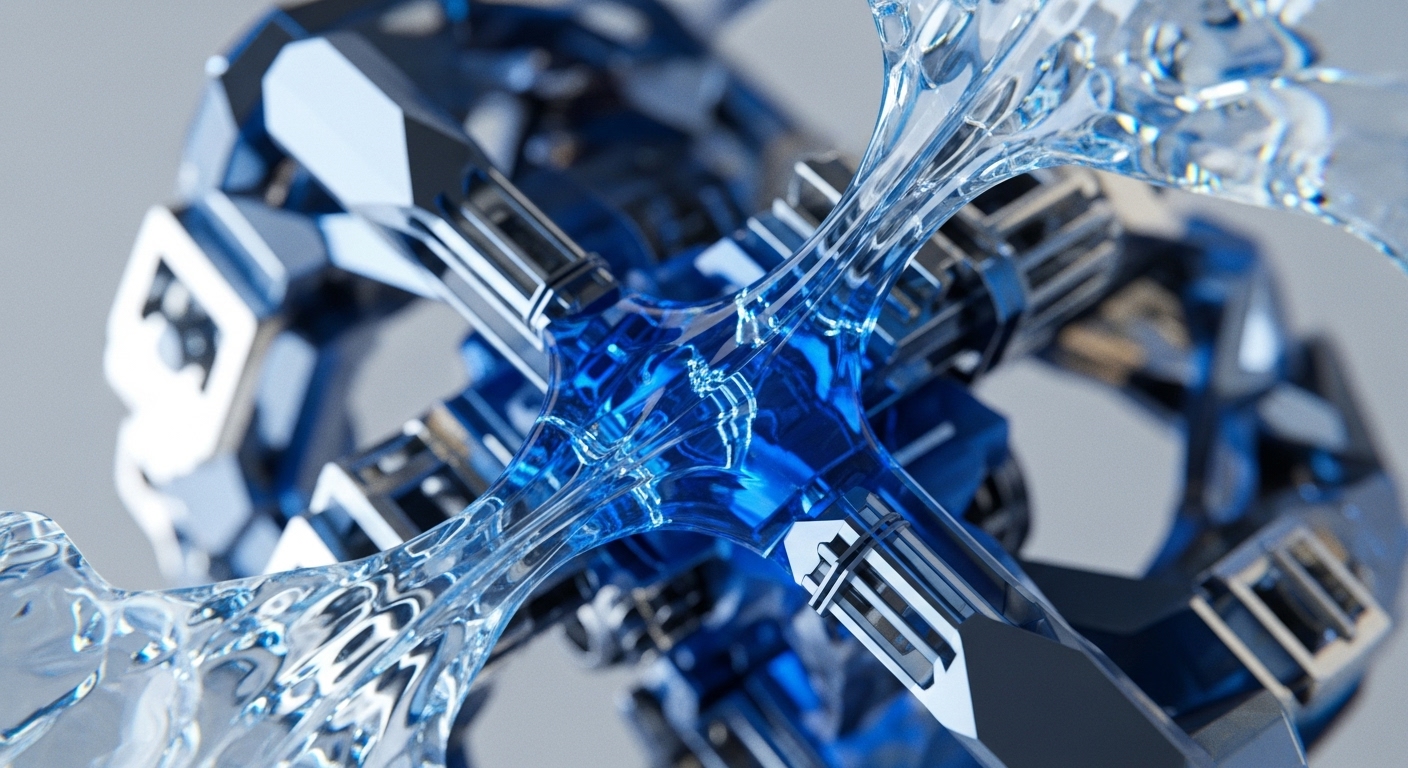 The image displays a central, luminous blue fluid contained within transparent, cross-shaped conduits, surrounded by an elaborate metallic structure. This intricate assembly features sharp, reflective facets in silver and deep blue, creating a high-tech, futuristic aesthetic