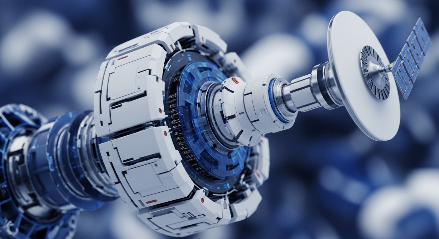 A detailed view showcases a futuristic satellite featuring segmented white casing and a luminous blue core, symbolizing sophisticated decentralized network architecture. This imagery directly relates to the foundational elements of blockchain technology, emphasizing its intricate design and operational mechanisms