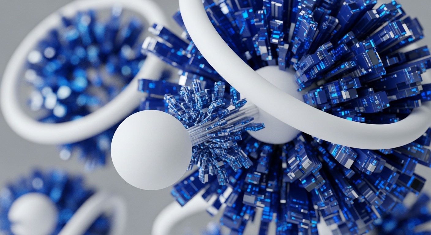 The image displays white, spiraling tubular structures intertwined with vibrant blue, crystalline clusters. Each cluster emanates from a central white sphere, showcasing numerous glowing blue rectangular elements akin to intricate circuit boards or data blocks