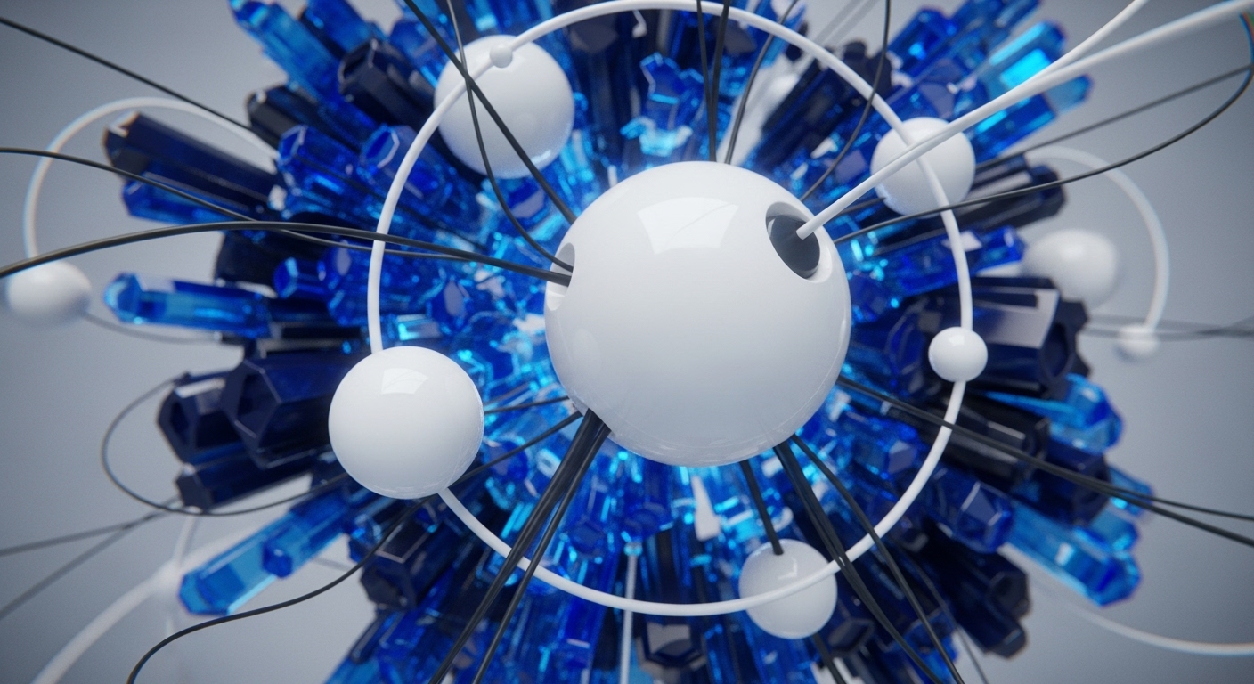 A striking abstract composition features glossy white spheres intricately interconnected by black and white lines, set against a backdrop of vibrant blue and dark blue crystalline structures. The central large sphere anchors a dynamic arrangement of smaller spheres, suggesting a complex orbital system