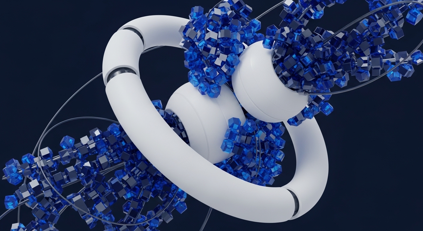 White, interconnected toroidal structures dominate the foreground, filled and surrounded by a multitude of small, translucent blue and dark cubic objects. Thin, almost invisible lines weave through these cubes and structures, set against a deep, dark blue background