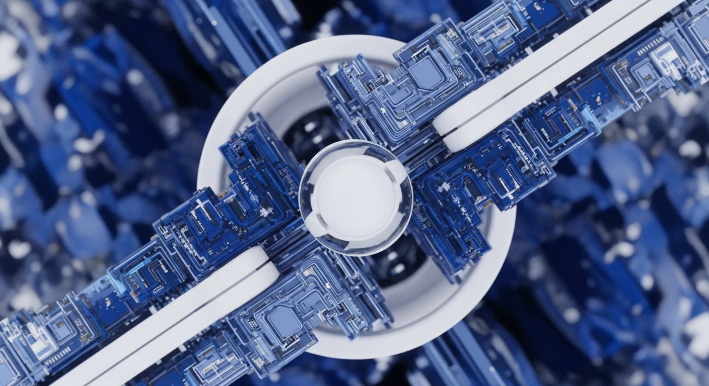 The image showcases a radially symmetrical design featuring detailed blue circuit board motifs converging on a central white core. This abstract representation evokes the architecture of decentralized networks, emphasizing the intricate data pathways and consensus mechanisms inherent in blockchain technology