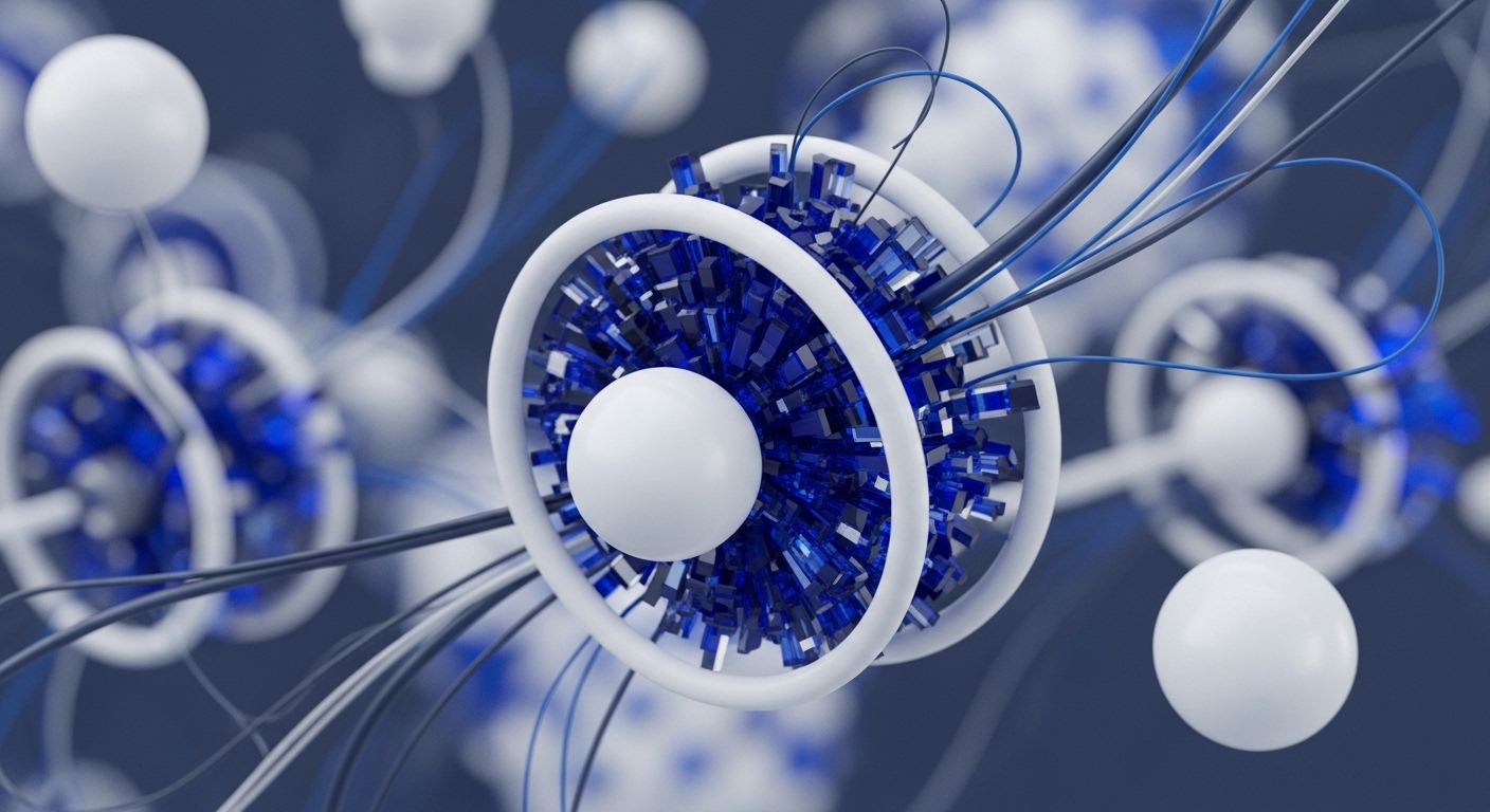 Abstract circular and spherical forms are depicted against a dark blue background. A prominent central structure features a white sphere enclosed by white rings, densely filled with numerous translucent blue crystalline elements, from which various white, blue, and black lines extend