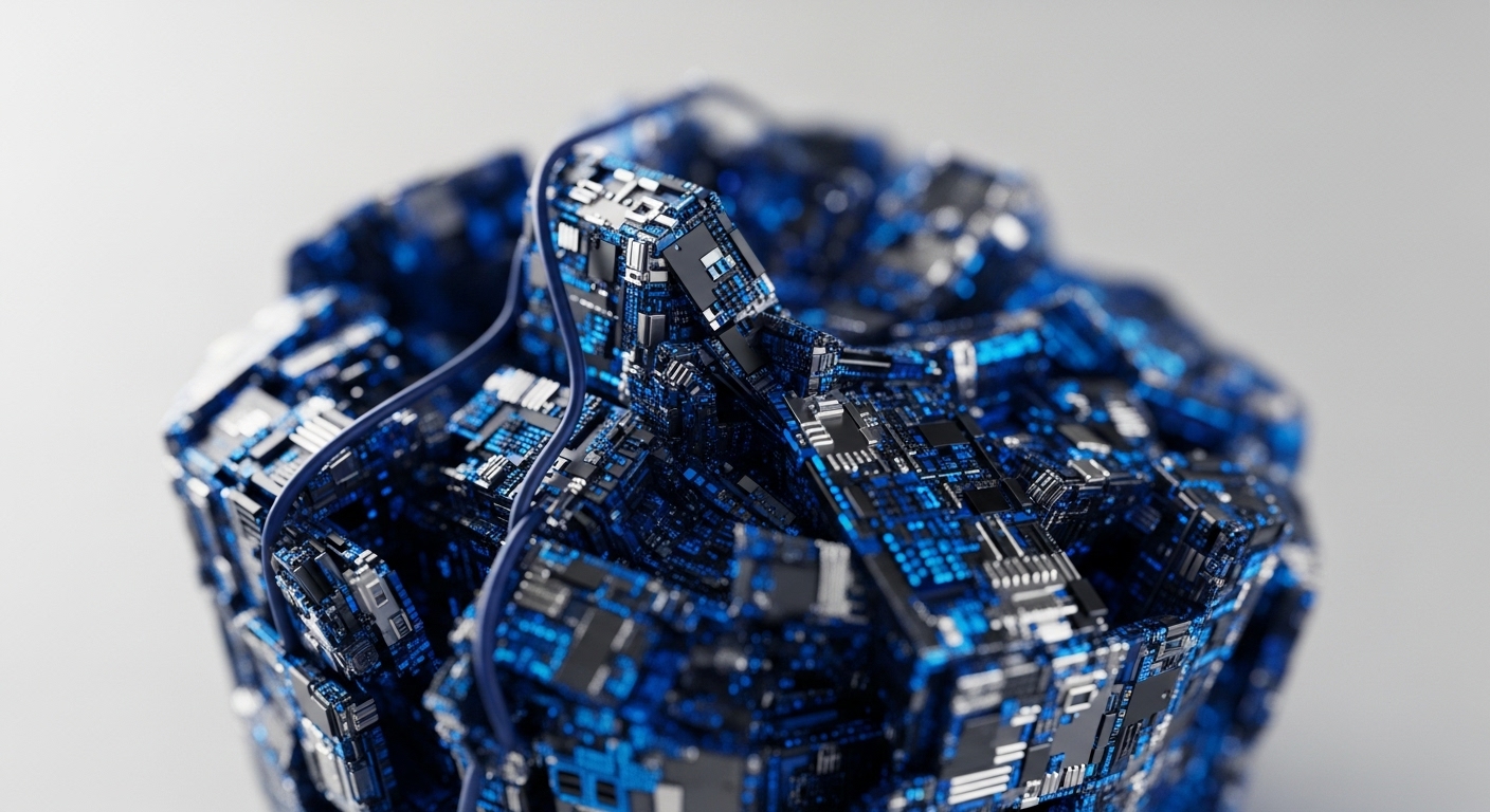 A highly detailed, abstract composition features numerous interconnected blue and black circuit board elements, forming a complex, somewhat spherical structure with bright blue glowing accents. A thick blue cable elegantly traverses the intricate network of components, set against a smooth, light grey background with selective depth of field