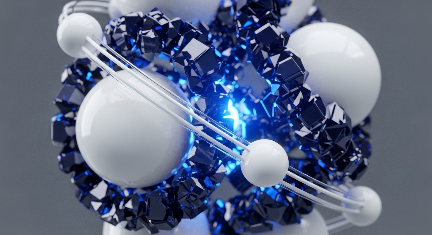 A dynamic composition features glossy white spheres interconnected by transparent rods, surrounded by a dense cluster of dark blue, angular fragments, all centered around a glowing blue core. The intricate structure evokes a complex digital ecosystem, with elements dynamically interacting against a neutral gray background