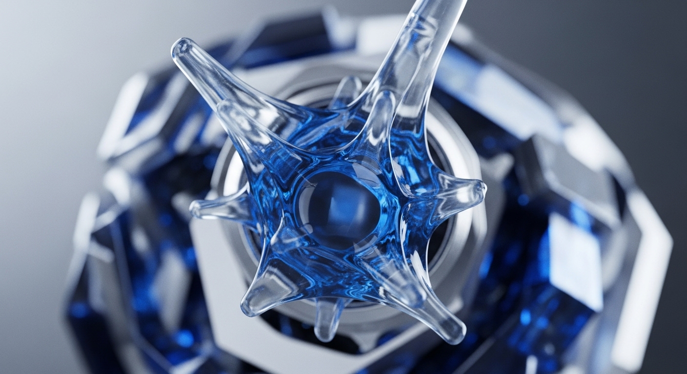 A detailed, close-up view reveals a central, star-shaped structure made of transparent blue material, radiating multiple spiky extensions. This intricate form is set against a blurred background of geometric, metallic, and blue components
