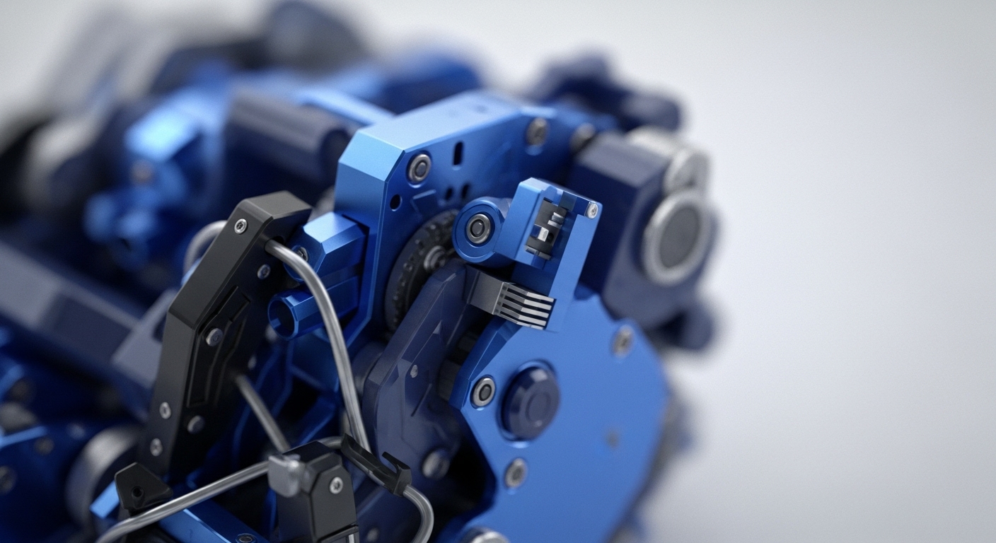The close-up reveals a complex, highly detailed mechanical apparatus, primarily rendered in a striking metallic blue, accented by black and silver components. Gears, bolts, and various interconnecting parts are sharply in focus, illustrating a sophisticated engineered system