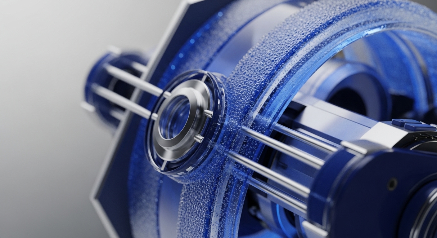 A close-up view reveals a complex, futuristic mechanism composed of transparent blue rings adorned with a fine, bubble-like texture, intersected by polished silver rods. A prominent metallic hub anchors the central structure, all set against a soft, gradient background, emphasizing depth and precision