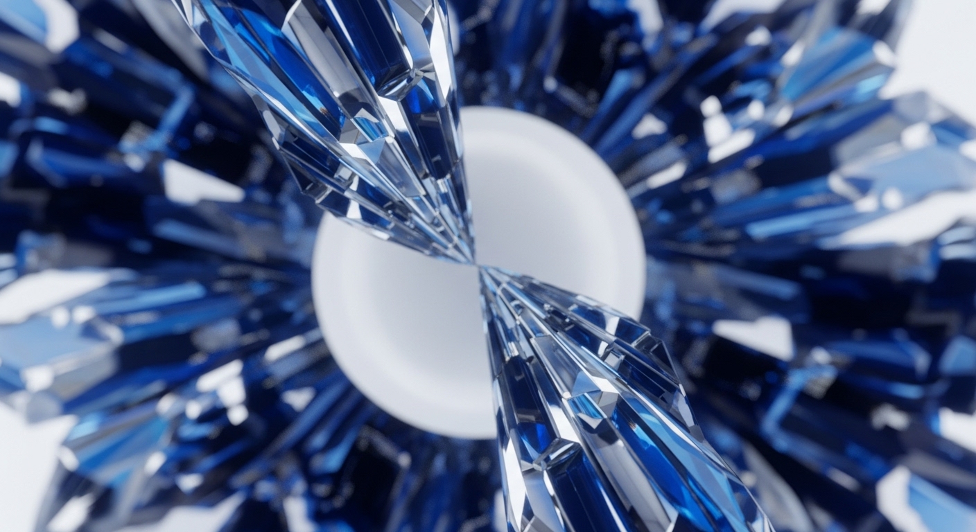 A vibrant abstract composition centers on a brilliant white sphere, encircled by intricate, twisting blue crystalline structures. These faceted elements exhibit high reflectivity, contrasting with the soft glow of the central orb and extending into a blurred background of similar blue forms