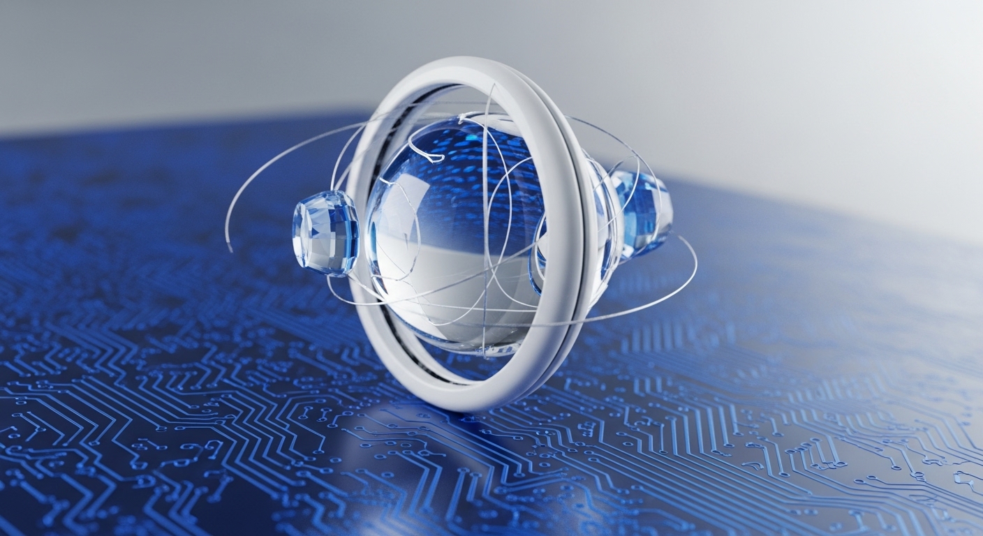A central, multifaceted crystalline orb, shimmering with internal blue digital patterns, is cradled by a sleek white armature. Three angular crystal elements, attached by delicate white strands, orbit the core