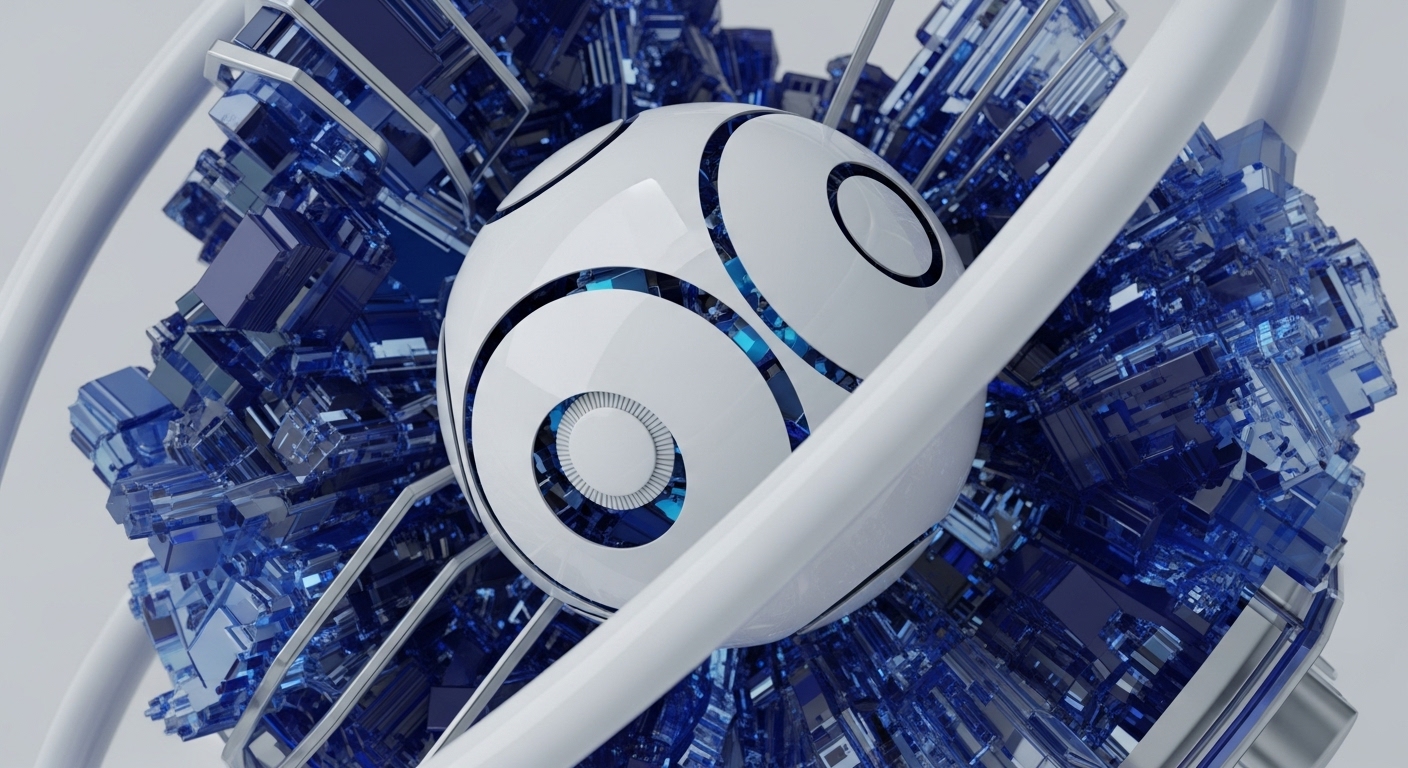 A pristine white sphere, adorned with luminous blue circular accents, sits at the nexus of a complex, three-dimensional lattice. This lattice is composed of sharp, translucent blue crystalline formations and smooth, white tubular elements that encircle the central orb