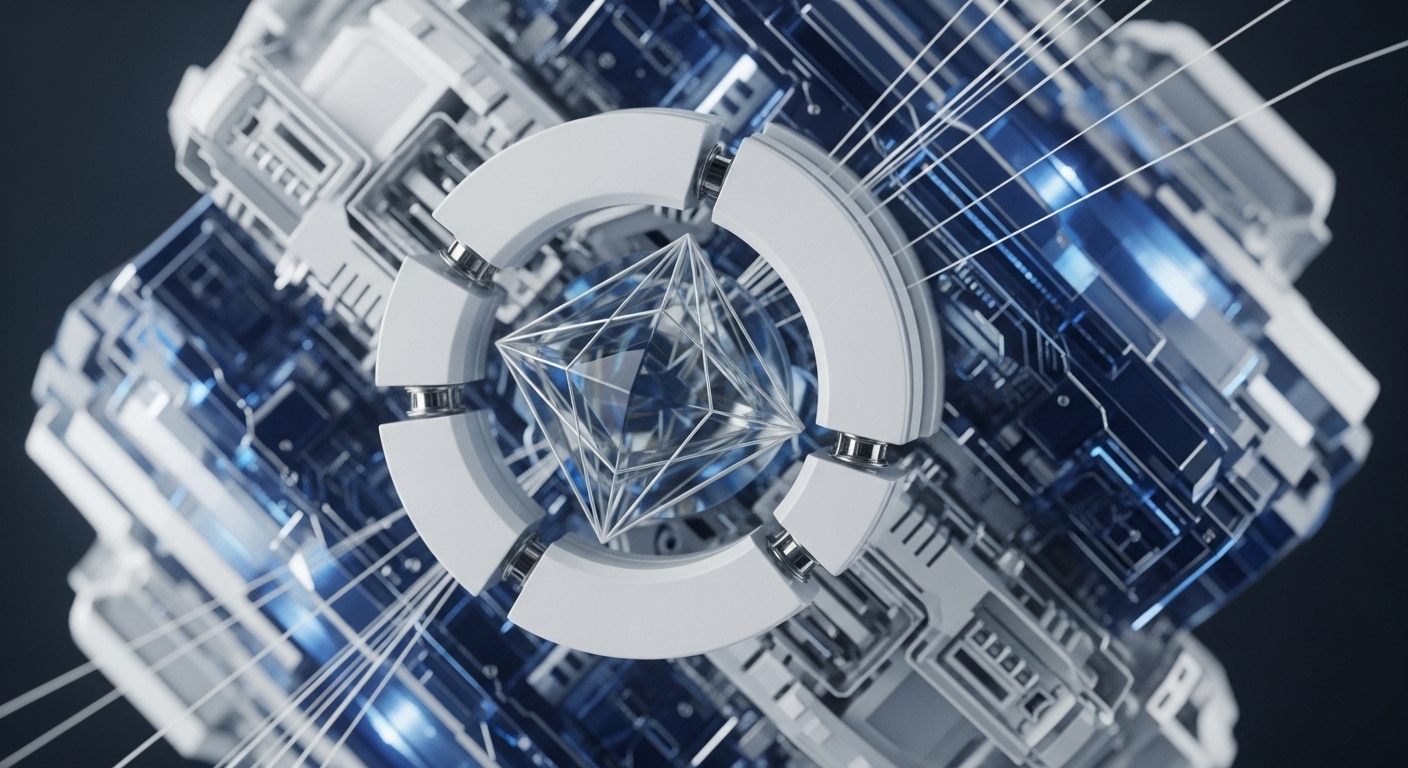 A central, geometric crystalline octahedron gleams within a structure of segmented white rings and detailed metallic components. Thin white lines emanate outwards, weaving through a dense network of blue-lit, block-like structures