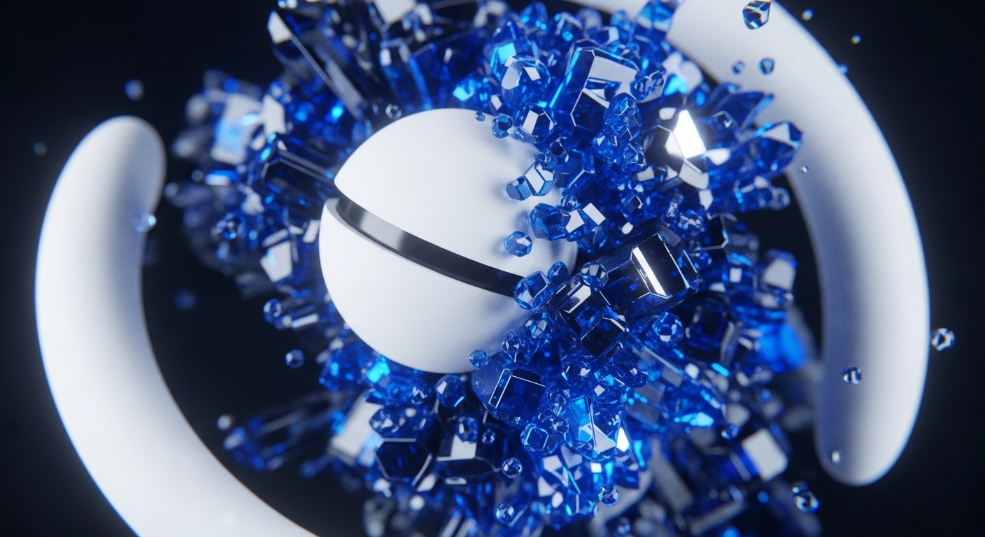 A white sphere with a dark equatorial band forms the central focus, surrounded by a vibrant burst of blue, angular, crystalline fragments. Two smooth, thick white arc structures partially enclose this dynamic composition against a dark background, creating a sense of contained energy
