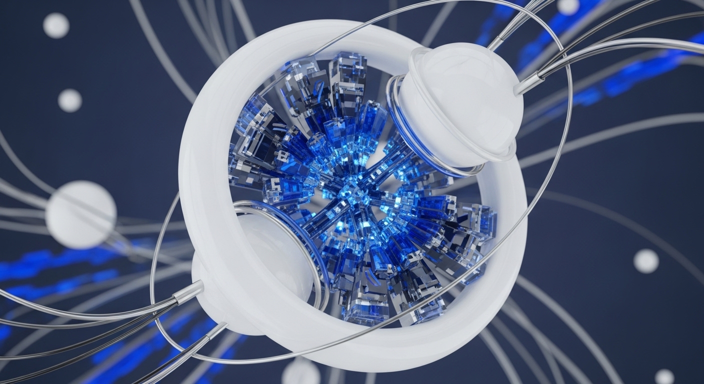 A vibrant blue, multifaceted crystalline structure forms the central element, encased by a sleek, white ring. Metallic tendrils extend from this core, weaving through the dark blue background, interspersed with luminous white orbs and streaks of electric blue light