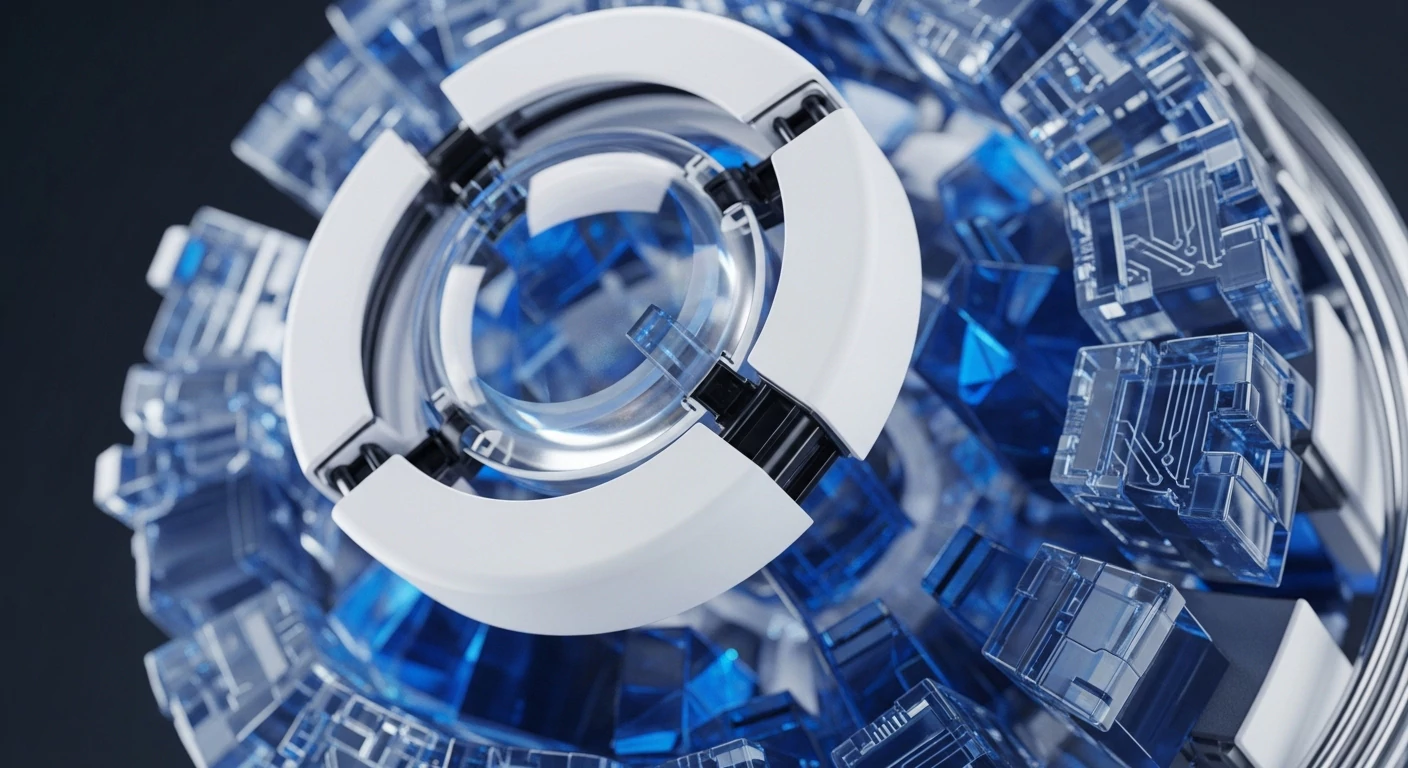 The image showcases a central, luminous white mechanism surrounded by a dense cluster of transparent, blue cubes etched with detailed circuitry. This composition visually interprets the fundamental building blocks of distributed ledger technology and advanced cryptographic systems